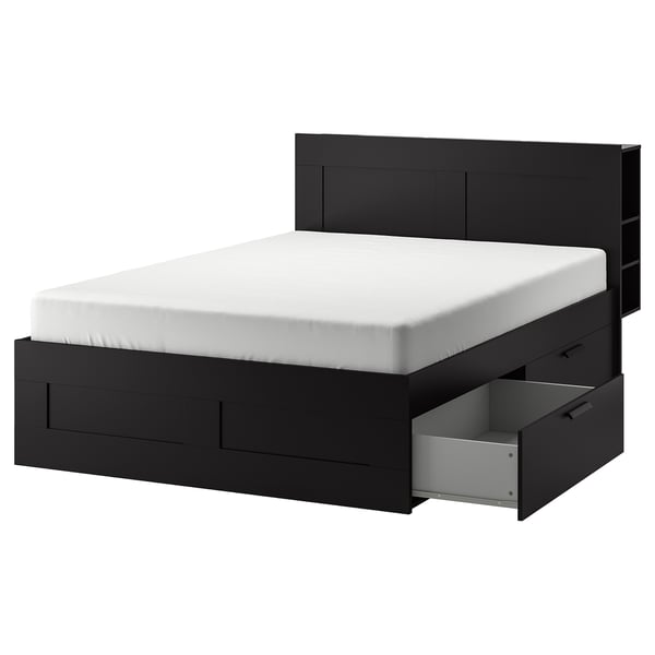 IKEA BRIMNES Bed frame with storage & headboard black/Luröy Queen