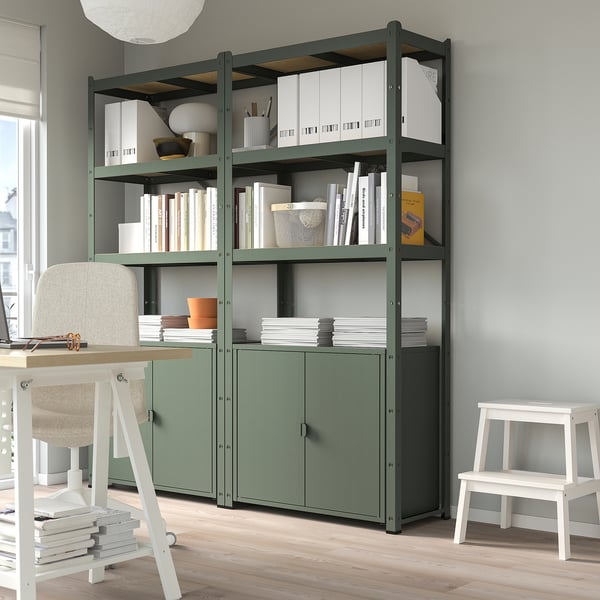IKEA BROR Shelving Unit With Cabinet Gray-green/pine Plywood 66 7/8x15 3/4x74 3/4 "