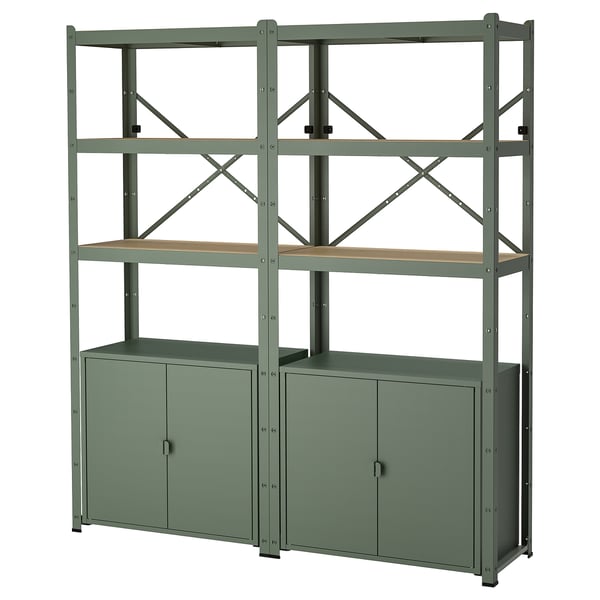 IKEA BROR Shelving unit with cabinet gray-green/pine plywood 66 7/8x15 3/4x74 3/4 "