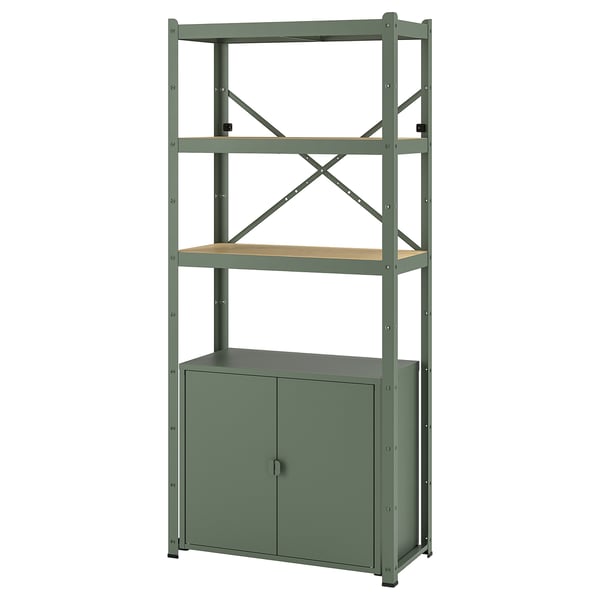 IKEA BROR Shelving unit with cabinet gray-green/pine plywood 33 1/2x15 3/4x74 3/4 "