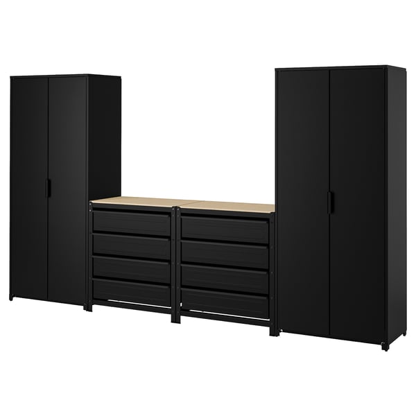 IKEA BROR Storage combo w/cabinets+workbench black/pine plywood 133 7/8x15 3/4x75 1/4 "