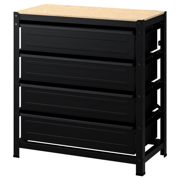 IKEA BROR Work bench with drawers black/pine plywood 33 1/2x15 3/4x35 "