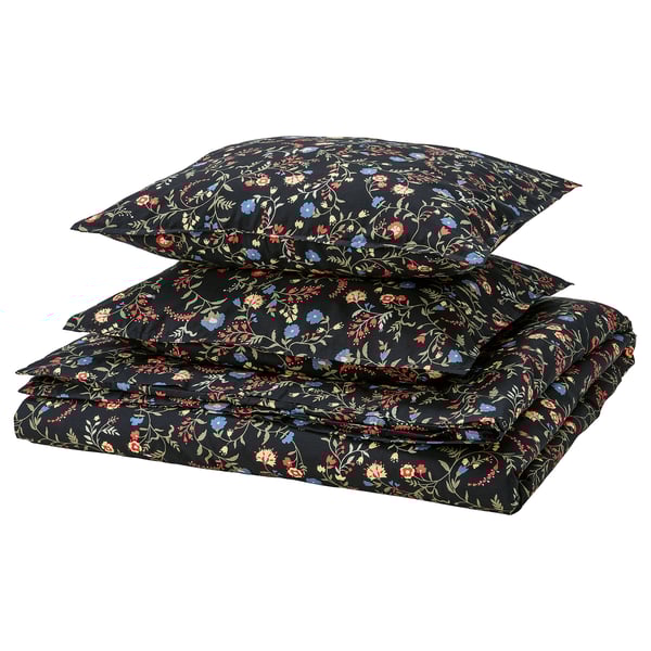 IKEA BRUDKRUSBÄR Duvet cover and pillowcase(s) black multicolor/floral pattern Full/Queen (Double/Queen)