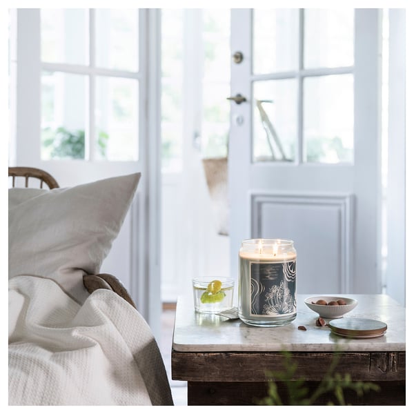 IKEA BUKETTAPEL Scented Cndl In Glass W Lid/2 Wicks Bergamot & Cedarwood/pale Green 100 Hr