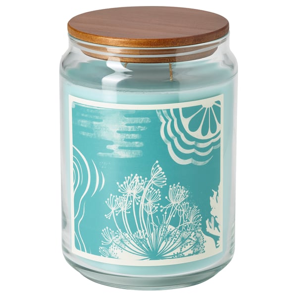 IKEA BUKETTAPEL Scented cndl in glass w lid/2 wicks bergamot & cedarwood/pale green 100 hr