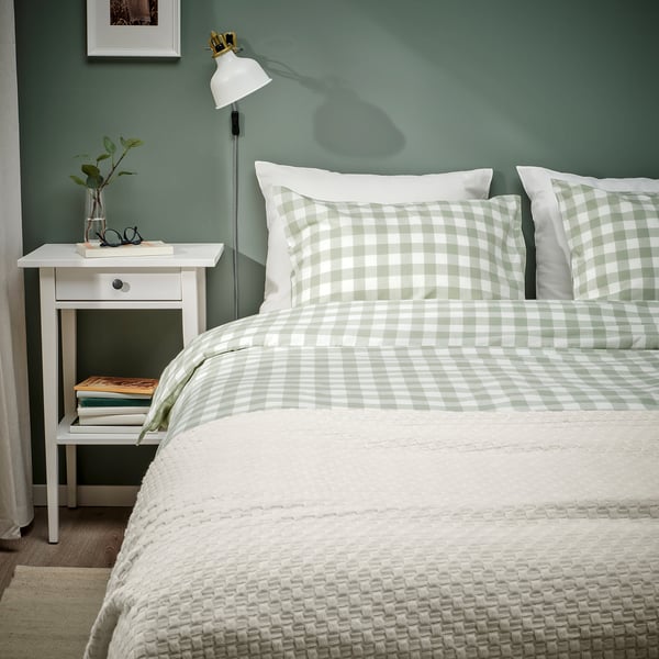 IKEA EKTANDVINGE Duvet Cover And Pillowcase(s) Pale Gray-green White/check Full/Queen (Double/Queen)