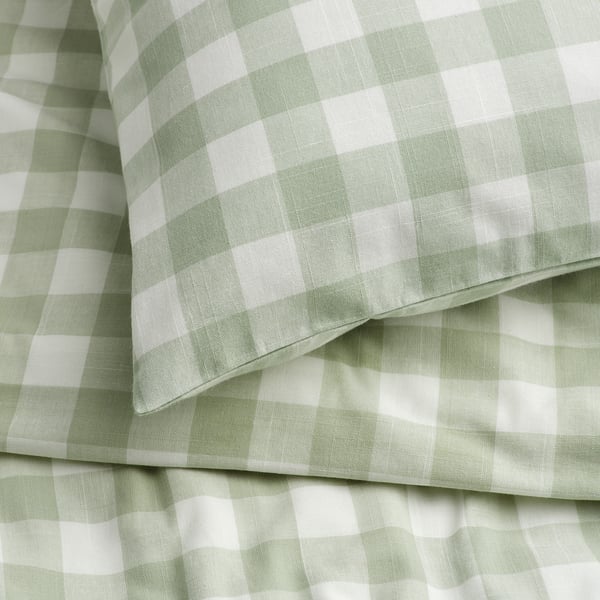 IKEA EKTANDVINGE Duvet Cover And Pillowcase(s) Pale Gray-green White/check Full/Queen (Double/Queen)