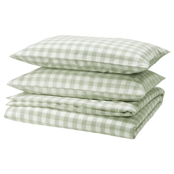 IKEA EKTANDVINGE Duvet cover and pillowcase(s) pale gray-green white/check Full/Queen (Double/Queen)