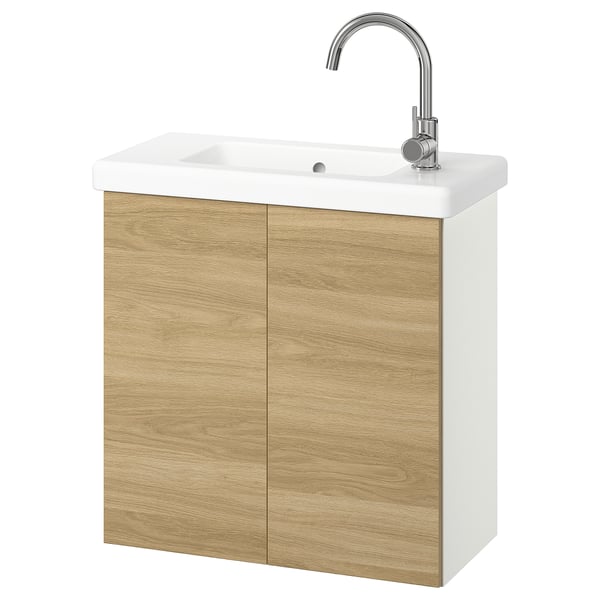 IKEA ENHET / TVÄLLEN Bathroom vanity w doors/sink/faucet white/oak effect 25 1/2x13 1/8x26 "