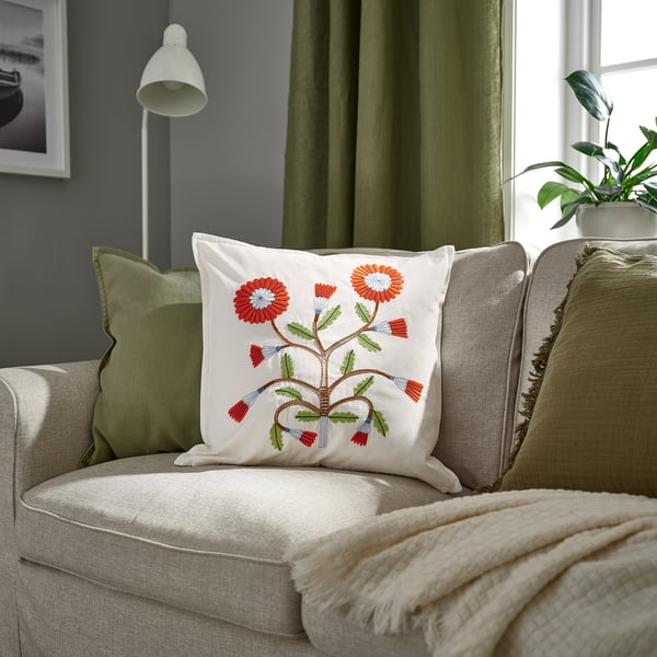 IKEA FACELIOR Cushion Cover White/embroidery Dark Orange 20x20 "