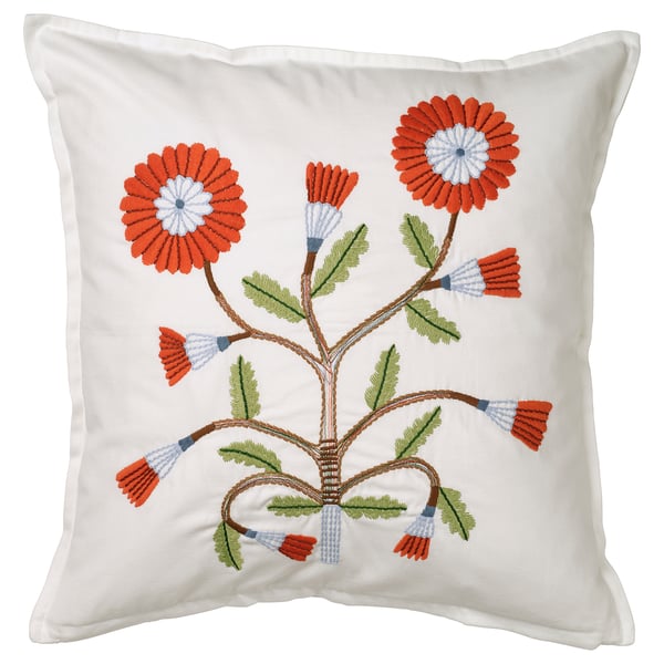 IKEA FACELIOR Cushion cover white/embroidery dark orange 20x20 "