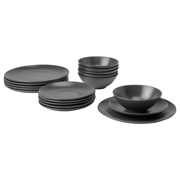 IKEA FÄRGKLAR 18-piece dinnerware set matte dark gray