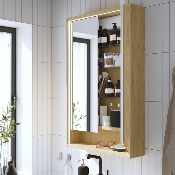 IKEA FAXÄLVEN Mirror Cabinet W Built-in Lighting Oak Effect 24x6x37 "