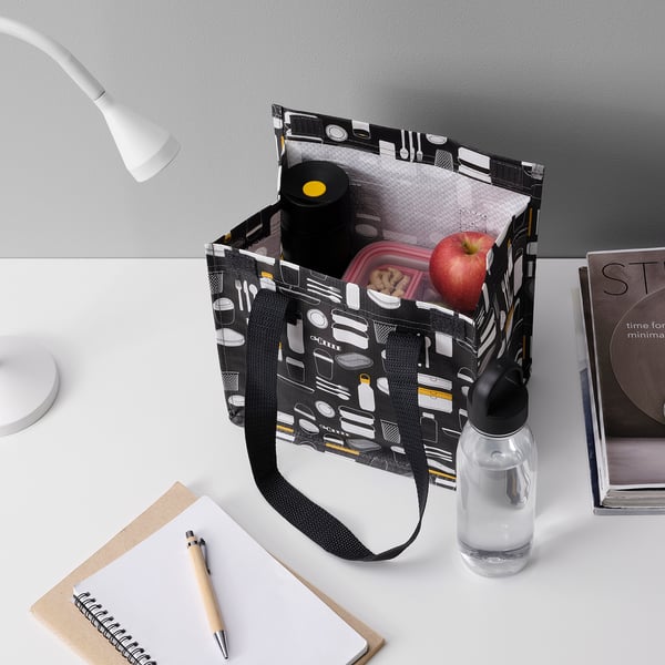 IKEA FLADDRIG Lunch Bag Patterned Gray 9 ¾x6 ¼x10 ¾ "