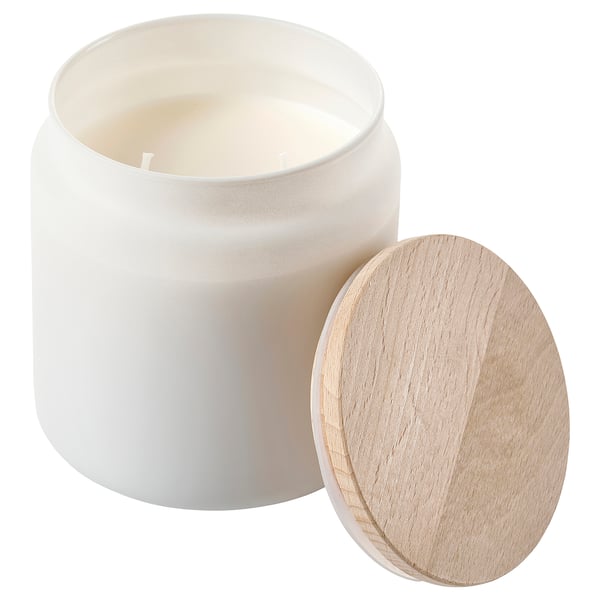 IKEA FRAMFÄRD Scented cndl in glass w lid/2 wicks Fresh linen/white frosted glass 70 hr