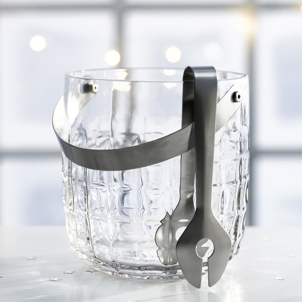 IKEA FRÖJDA Ice Bucket With Tongs Clear Glass/stainless Steel