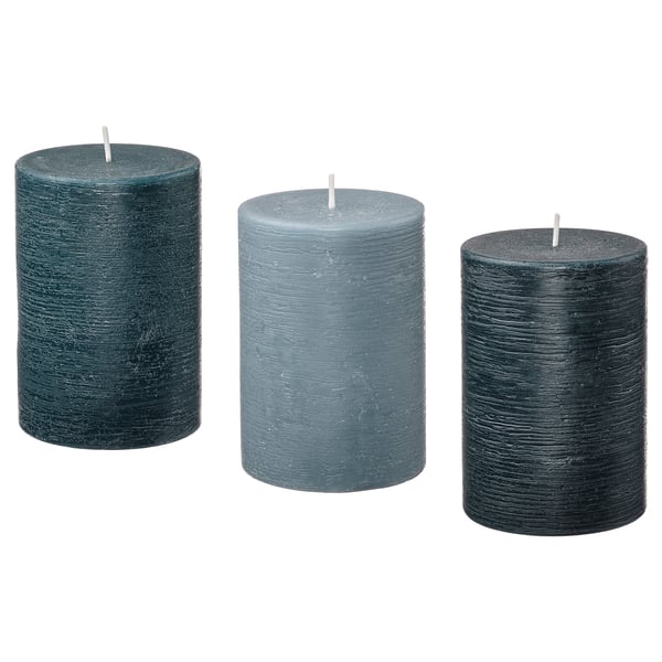 IKEA FRUKTSKOG Scented pillar candle vetiver & geranium/black-turquoise 30 hr