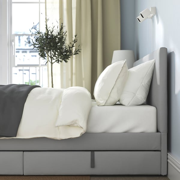 IKEA GLADSTAD Upholstered Bed 2 Storage Boxes Kabusa Light Gray Queen