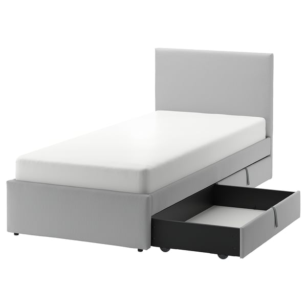 IKEA GLADSTAD Upholstered bed 2 storage boxes Kabusa light gray Twin