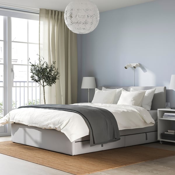IKEA GLADSTAD Upholstered Bed 4 Storage Boxes Kabusa Light Gray Queen