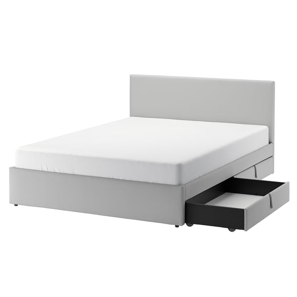 IKEA GLADSTAD Upholstered bed 4 storage boxes Kabusa light gray Queen