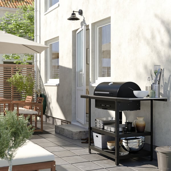 IKEA GRILLSKÄR Charcoal Grill W 2 Side Tables Stainless Steel/outdoor 39/48 3/8/57 7/8x24 "