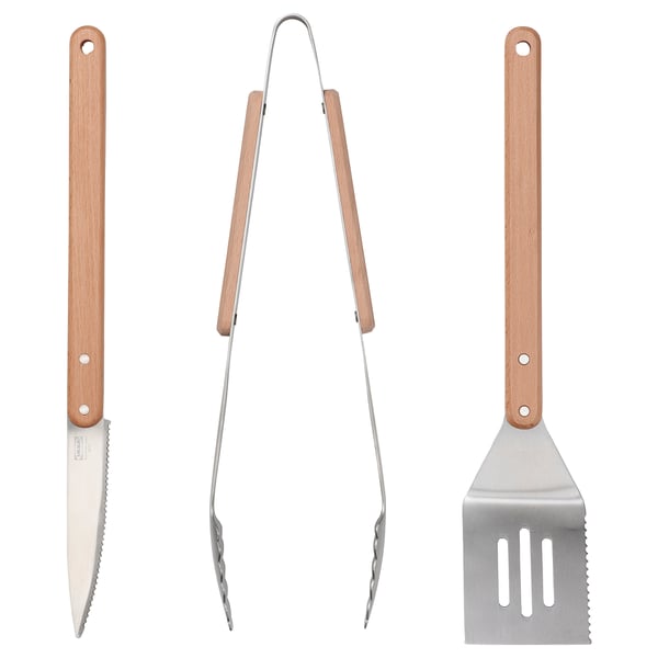 IKEA GRILLTIDER 3-piece barbecue tools set stainless steel/beech