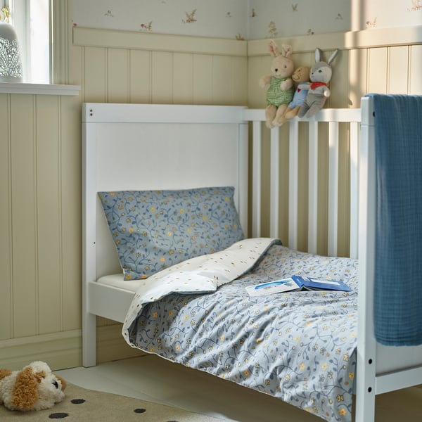 IKEA GULDVÄVARE Duvet Cover 1 Pillowcase F Crib Blue/white Floral Pattern 43x49/14x22 "