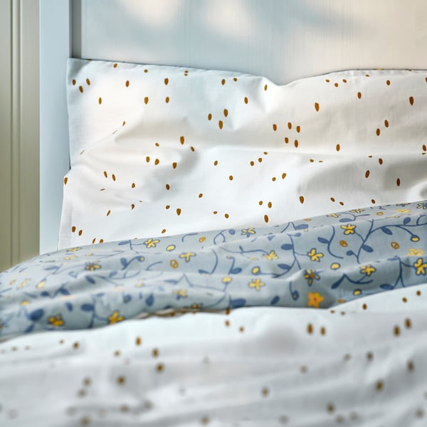 IKEA GULDVÄVARE Duvet Cover 1 Pillowcase F Crib Blue/white Floral Pattern 43x49/14x22 "
