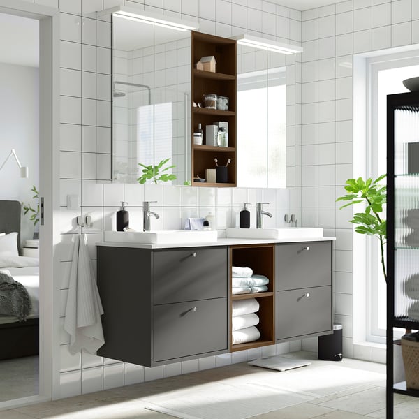 IKEA HAVBÄCK / ORRSJÖN Double Vanity With Sink & Faucet Dark Gray/brown Oak Effect/white Marble Effect 67x21 1/2x28 3/8 "