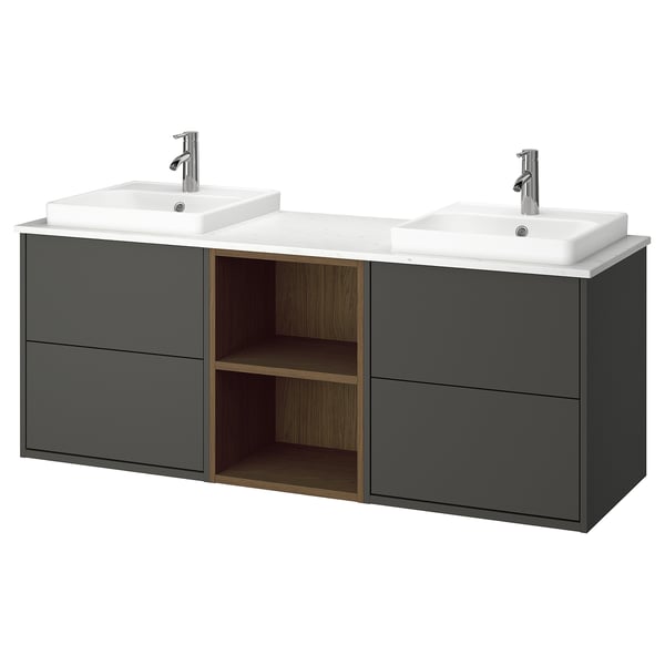 IKEA HAVBÄCK / ORRSJÖN Double vanity with sink & faucet dark gray/brown oak effect/white marble effect 67x21 1/2x28 3/8 "