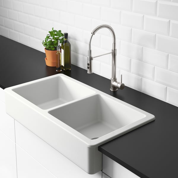 IKEA HAVSEN Apron Front Double Bowl Sink White 37x19 "