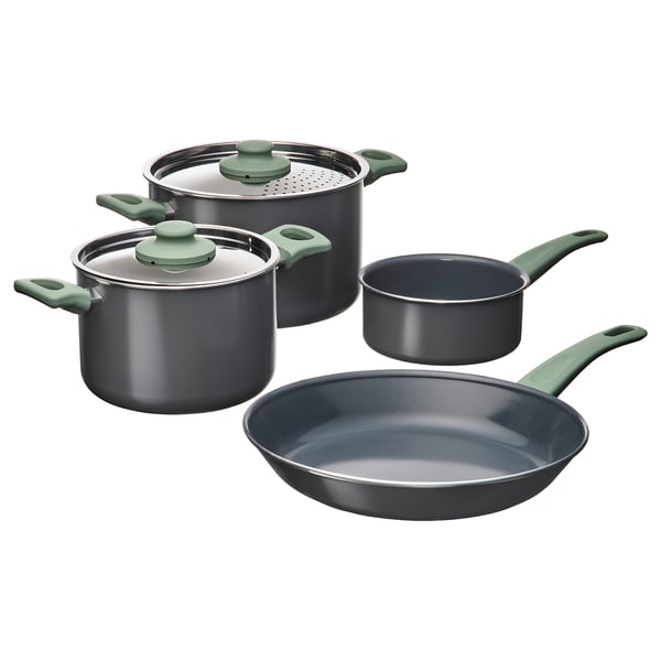 IKEA HEMLAGAD 6-piece cookware set non-stick coating light gray-green/gray