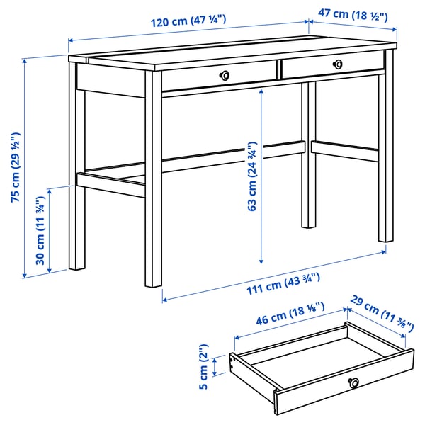 IKEA HEMNES Desk With 2 Drawers White Stain/light Brown 47 1/4x18 1/2 "