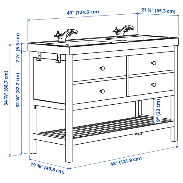 IKEA HEMNES / ORRSJÖN Double Vanity With Sink & Faucet Gray 49x21 3/4x34 7/8 "