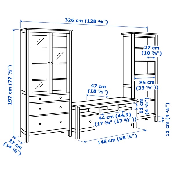 IKEA HEMNES TV Storage Combination White Stain/light Brown Clear Glass 128 3/8x77 1/2 "