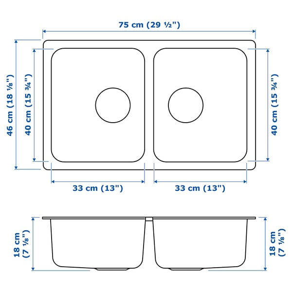 IKEA HILLESJÖN Double Bowl Top Mount Sink Stainless Steel 29 1/2x18 1/8 "