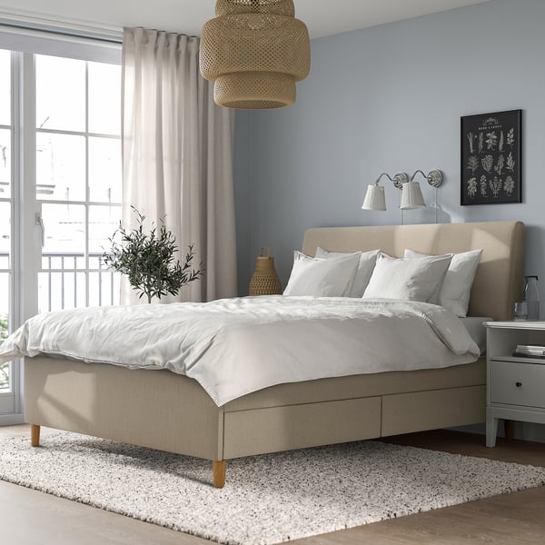 IKEA IDANÄS Upholstered Storage Bed Naggen Beige Queen