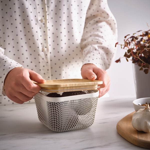 IKEA IKEA 365+ Food Storage Basket With Lid Square Metal/white Bamboo 5 7/8x5 7/8x4 3/8 "