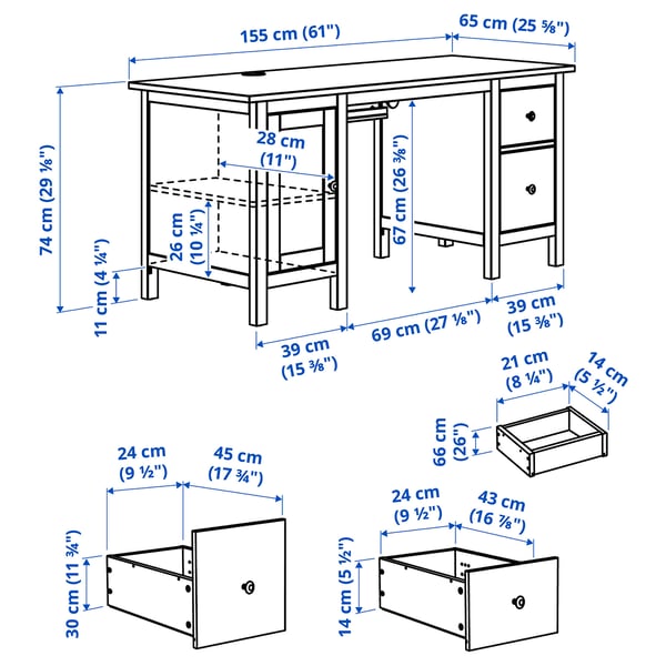 IKEA HEMNES Desk White Stain/light Brown 61x25 5/8 "