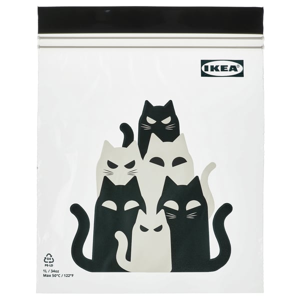 IKEA KUSTFYR Resealable bag cat pattern gray 34 oz