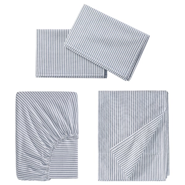 IKEA SOLFIBBLA Sheet set white blue/stripe King