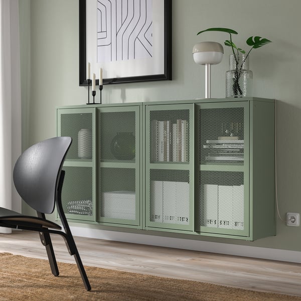 IKEA IVAR Cabinet With Doors Gray-green Mesh 63x11 3/4x32 5/8 "