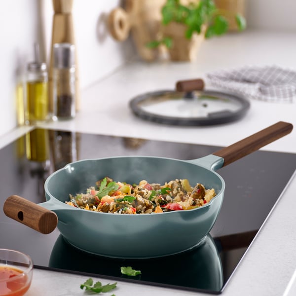 IKEA KLIPPFISK Sauté Pan With Lid Non-stick Coating Glass/wood Gray-turquoise 9 ½ "