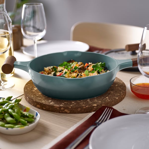 IKEA KLIPPFISK Sauté Pan With Lid Non-stick Coating Glass/wood Gray-turquoise 9 ½ "