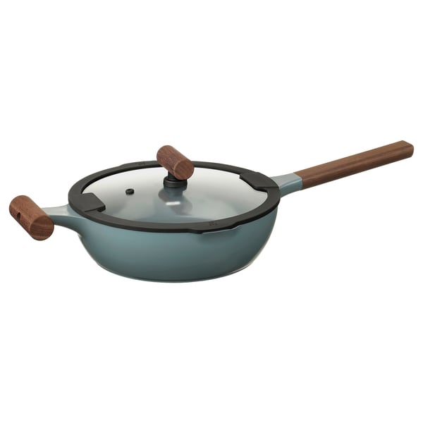 IKEA KLIPPFISK Sauté pan with lid non-stick coating glass/wood gray-turquoise 9 ½ "