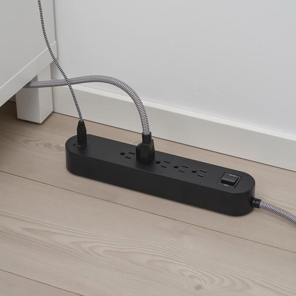 IKEA KOPPLA 5 Outlet Power Strip & 2 USB Ports Black/white/textile 118 "