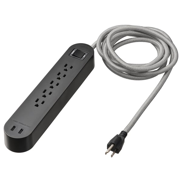 IKEA KOPPLA 5 outlet power strip & 2 USB ports black/white/textile 118 "
