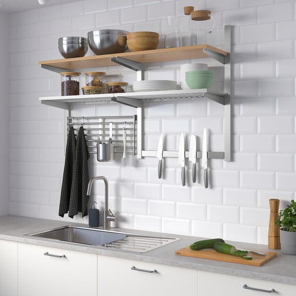 IKEA KUNGSFORS Wall Storage With Grid + Knife Rack Stainless Steel/ash Veneer