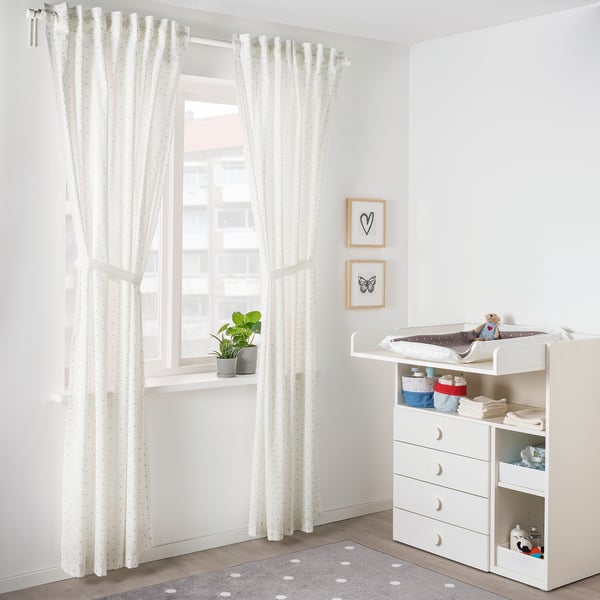 IKEA LEN Curtains With Tie-backs 1 Pair Dotted/white 47x98 "
